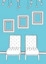 Two chairs with empty frames in blue interior Royalty Free Stock Photo