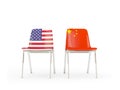 Two chairs with flags of US and china isolated on white