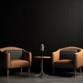 Two Chairs and Microphones in a Podcast/Interview Room on a Dark Background. Generative AI