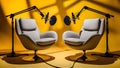 Two chairs and microphones in podcast or interview room isolated on solid yellow background Royalty Free Stock Photo