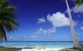 Two chairs on a sandy beach with palm trees and a turquoise lagoon under a bright blue sky with clouds on the island of Fakarava