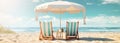 two chairs sit on the beach and have umbrellas on the top Royalty Free Stock Photo