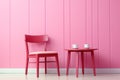 Two chairs and a table against a pink wall. Generative AI image. Royalty Free Stock Photo