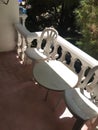 Two chairs and table on the backyard in tropical garden with beautiful view Royalty Free Stock Photo