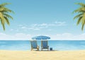 Two beach chairs under an umbrella on a sandy beach Royalty Free Stock Photo