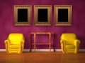 Two chairs with wooden console and picture frames Royalty Free Stock Photo