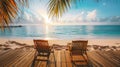 Two chairs on a wooden deck overlooking the ocean, AI