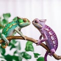 Two chameleons green and purple on a branch look at each other, close-up,