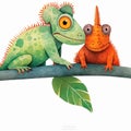 Two chameleons sitting on a branch, isolated on white background. Cartoon illustration. Generative AI