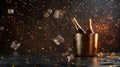 two champagne bottles chilling in an ice bucket, ice cubes suspended in motion, dramatic lighting against a dark backdrop Royalty Free Stock Photo