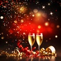 Two champagne flutes filled with sparkling wine, radiant backdrop of shimmering confetti, glowing orbs, and golden Royalty Free Stock Photo