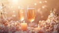 Two Champagne Flutes with Pink Flowers and Candles Royalty Free Stock Photo