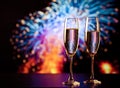 two champagne glasses against holiday lights and fireworks - new year celebration Royalty Free Stock Photo