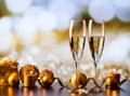 two champagne glasses against holiday lights and fireworks - new year celebration Royalty Free Stock Photo