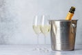 Two champagne glasses and bottle in ice bucket Royalty Free Stock Photo