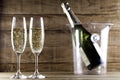 Two champagne glasses with champagne bottle and ice bucket II Royalty Free Stock Photo