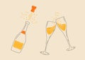 Two champagne glasses with champagne bottle. Vector in cartoon style. Royalty Free Stock Photo