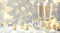 Two champagne glasses and christmas decoration over gray golden bokeh background. Happy New Year Celebration. Selective focus and Royalty Free Stock Photo