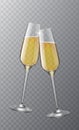 Two champagne glasses. Christmas toast symbol, cheers xmas and wedding selebration. Clink realistic 3d wineglasses