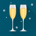 Two champagne glasses on dark blue background and with snowflakes. Concept vector illustration.