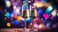 Two Champagne Glasses in front of a festive multicolor Background. Template for Holidays and Celebrations