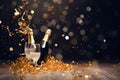 Two champagne glasses with golden confetti on bokeh background, Celebration background with confetti and gold balloons, AI
