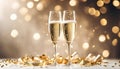 Two champagne glasses with golden confetti over illuminated background