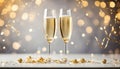 Two champagne glasses with golden confetti over illuminated background