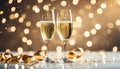 Two champagne glasses with golden confetti over illuminated background