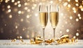 Two champagne glasses with golden confetti over illuminated background