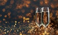 Two champagne glasses over golden bokeh background Royalty Free Stock Photo