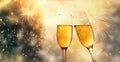 two champagne glasses ready to bring in the New Year - holiday lights and fireworks in the background Royalty Free Stock Photo