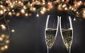 two champagne glasses ready to bring in the New Year - holiday lights and fireworks in the background Royalty Free Stock Photo