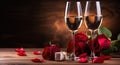 two champagne glasses and a red rose with a valentine's Royalty Free Stock Photo