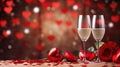 Two champagne glasses and red roses on a red hearts background for Valentine\'s Day. Ai Generated Royalty Free Stock Photo