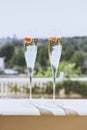 Two champagne glasses with strawberry on sunny terrace outdoor patio overlooking green trees at summer day outside of Royalty Free Stock Photo