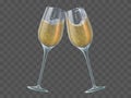 Two champagne glasses. Toast of wineglasses with sparkling transparent white wine and bubbles. Christmas, new year