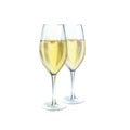 Two champagne glasses watercolor illustration, isolated on white background