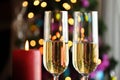 Two champagner glasses on glass table with bokeh background Royalty Free Stock Photo