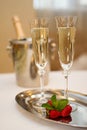 Two champaign glasses and strawberries on white Royalty Free Stock Photo