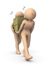 Two characters carrying a large cardboard box. They cooperate with each other. White background. 3D illustration