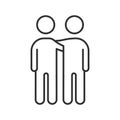 Two characters friends with arms around shoulder of eachother. Vector thin line icon illustration for concepts of friendship,