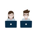 Two characters icons. Two people with laptop computers. Networking, communication, freelancer, digital professional career concept Royalty Free Stock Photo