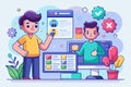 Two characters illustrate key UI and UX differences with screens showing various digital design elements, Ui-ux differences Royalty Free Stock Photo