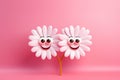 Two charming blooming white cartoon daisies, with smile on face and loving eyes, isolated on soft pink background