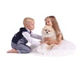 Brother and sister having fun with a puppy isolated on a white background. Kids playing with a dog. Home pet concept.