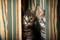 Two charming little kittens cautiously peeking around the corner against a striped background, created with Generative