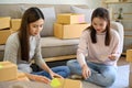 Two charming young Asian female online sellers working together, packing shipping boxes