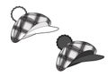 Two checkered berets with a pompom and a visor. Isolated outline black and white drawing
