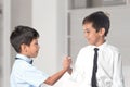 Two cheerful boys wearing shirts and ties shake each other hands as a token of friendship